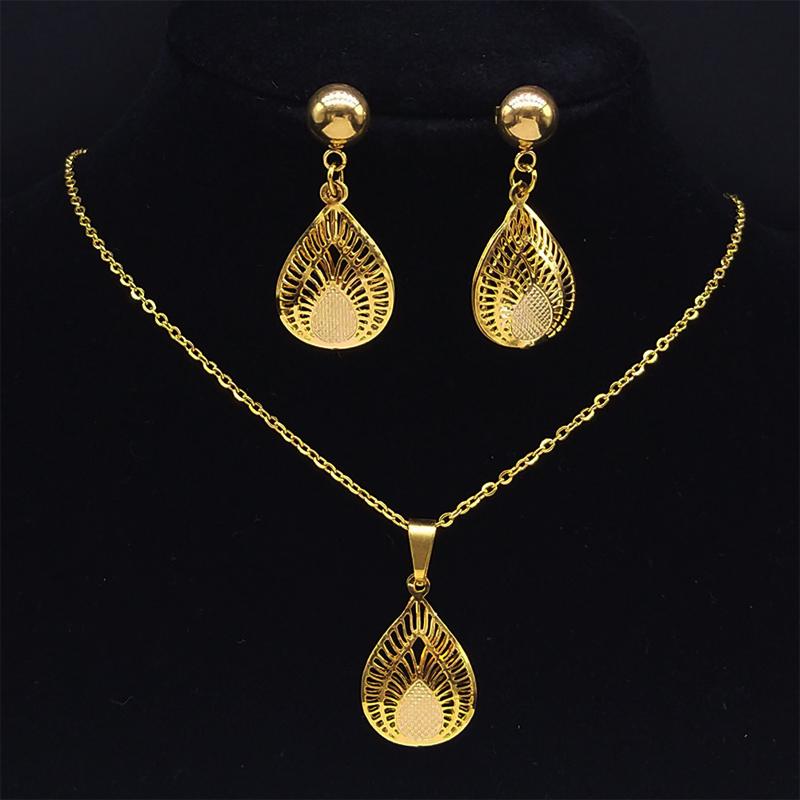 Islam Flower Stainless Steel Jewelry Sets for Women Gold Color Necklace Set Jewelry eensemble de bijoux en acier inoxydable luxe