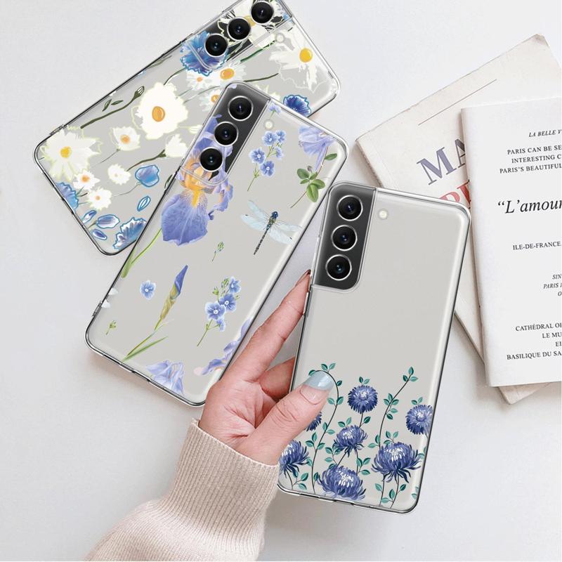 Прозрачный чехол с синим цветком и стрекозой для Samsung Galaxy S23 S22 S21 S20 Fe Ultra S10 S9 S8 Plus 10e S10lite Note 10plus 20ultra