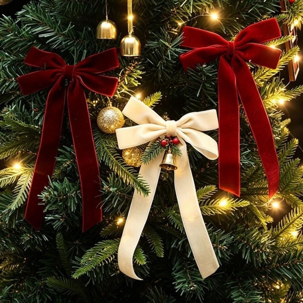 4PCS Long Ribbon Christmas Tree Bows Single/Double Ear Bow Xmas Gift Box Bow Holiday Ornament