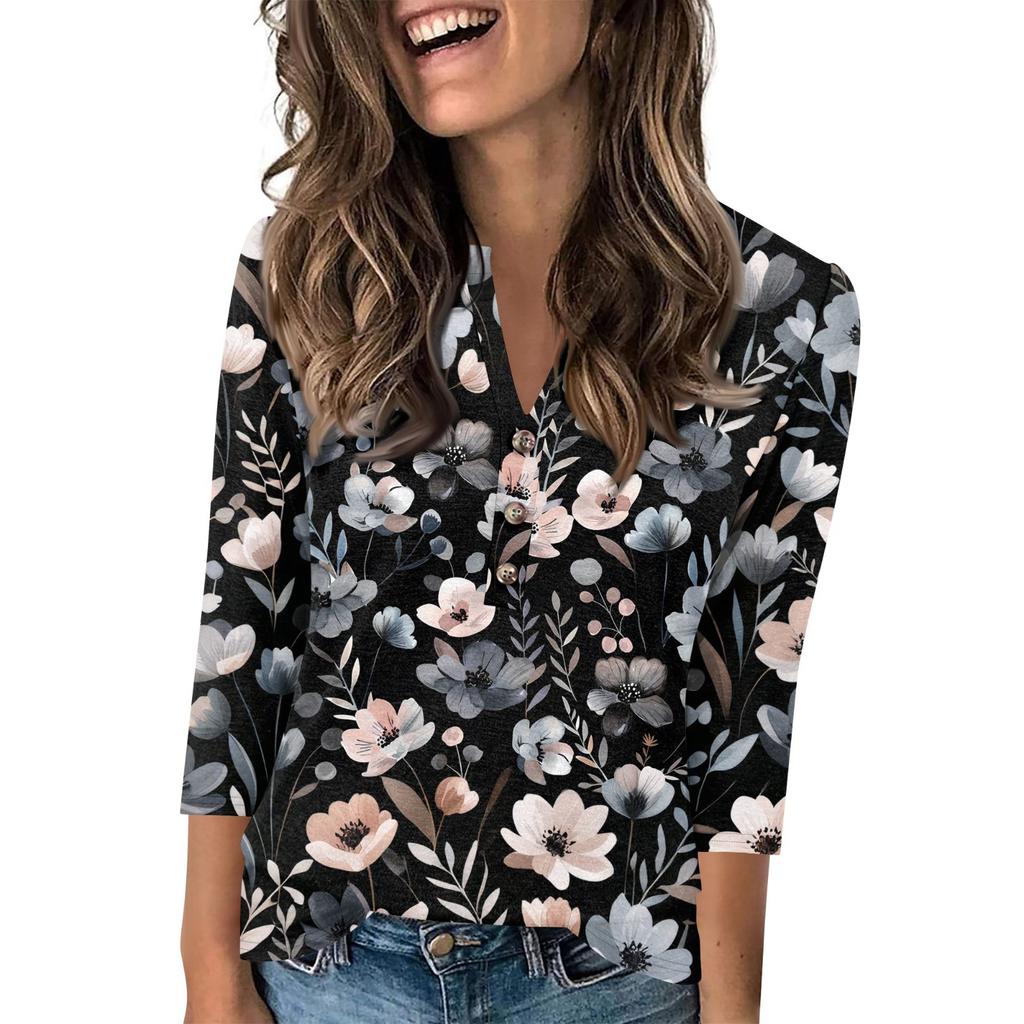 Женский модный повседневный пуловер с рукавом 3/4, принтом на пуговицах и V-образным вырезом