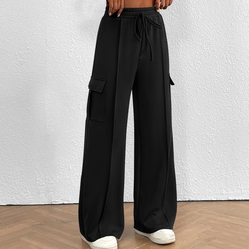 Women's Wide Leg Sweatpants Trendy Interior Drawstring Baggy Sweatpants High Waisted Casual Trousers Jogger Pant