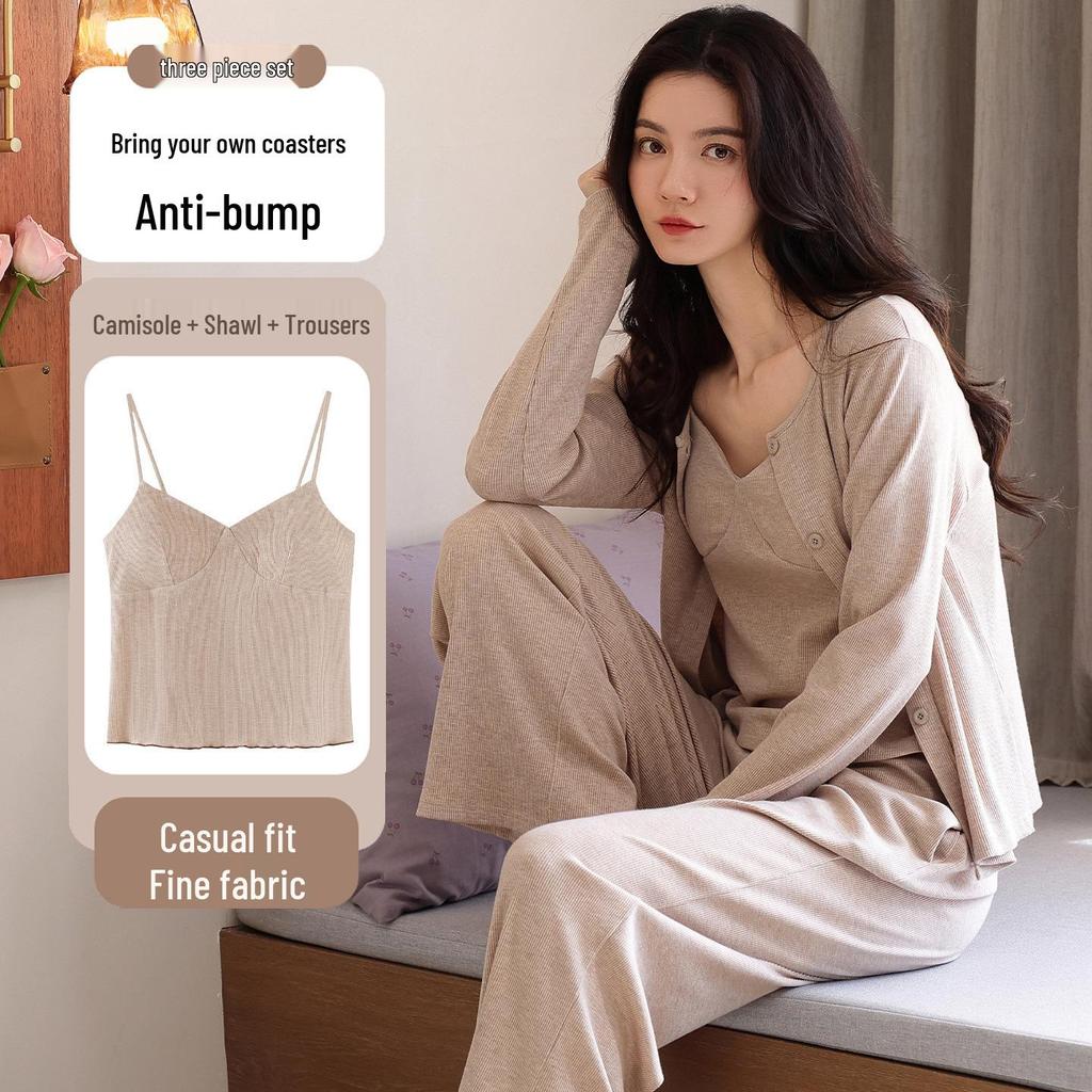 Женский модальный пижамный комплект с длинным рукавом, с вкладышами для бюстгальтера, майкой и брюками, осенне-зимний комплект из 3 предметов, подходит для улицы.