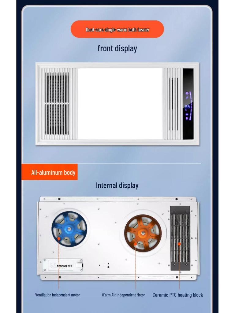 Smart Bathroom Heater: Integrated Ceiling Fan, Exhaust, Light, Warm Air Blower, and Heater.