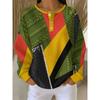 Women'S Henley Collar Button-Long Sleeve Top Contrast Geometric Patchwork Printed Loose Waffle-Weave Blouse