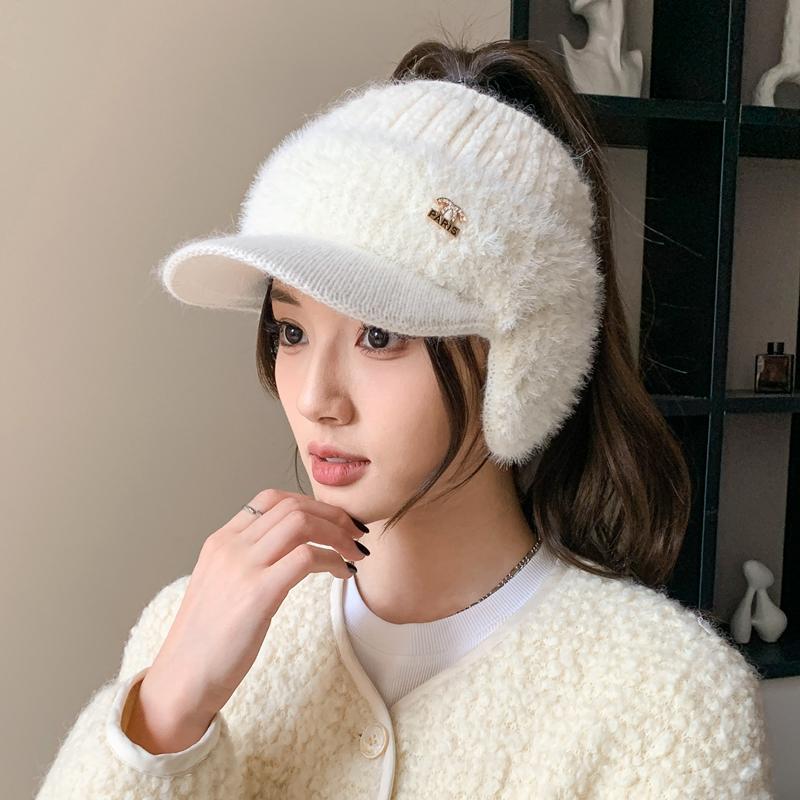 Новая женская зимняя шапка из меха кролика, плюшевая меховая подкладка, теплые шапки для женщин, повседневная зимняя вязаная козырек