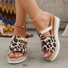 Large Size Leopard Print Open-toed Cool Slippers Women's Slope Heel Light Hemp Rope Braided Buckle Women's Shoes Thick-soled Cool