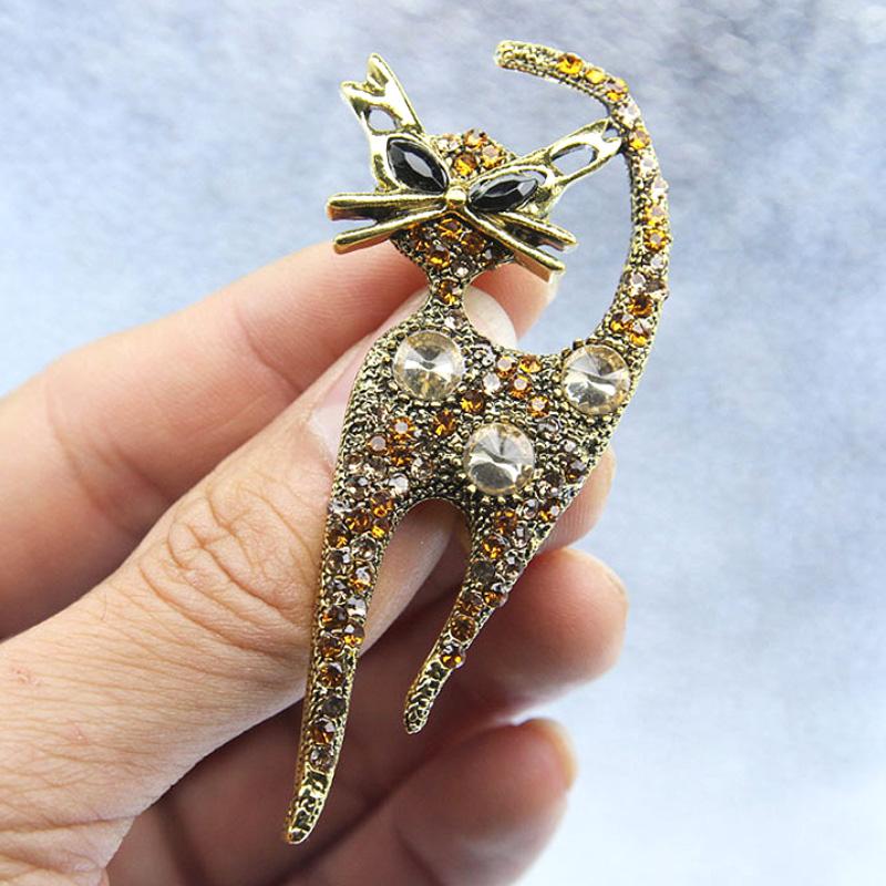 Броши со стразами и котом для женщин, модные блестящие кристаллы, брошь в виде животного, булавки, корсаж, одежда, пальто, аксессуары, ювелирные изделия, подарки
