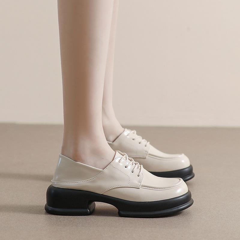 Thick-soled Women's Spring and Autumn Lace-up Single Shoes Thick Heel Retro Small Leather Shoes Women