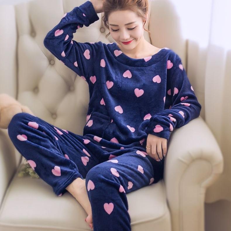 Осенне-зимние фланелевые теплые женские пижамные комплекты с длинным рукавом, женская одежда для сна, персиковый комплект из двух предметов, пижама в полоску из бархата кораллового цвета, домашняя одежда