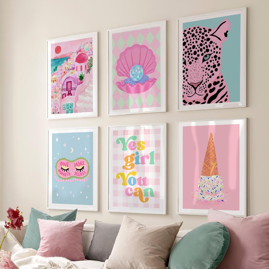 Aesthetic Poster Pink Juice Ice Cream Cheetah Greece City Rainbow Painting Wall Art Canvas Print Pictures For Living Room Decor