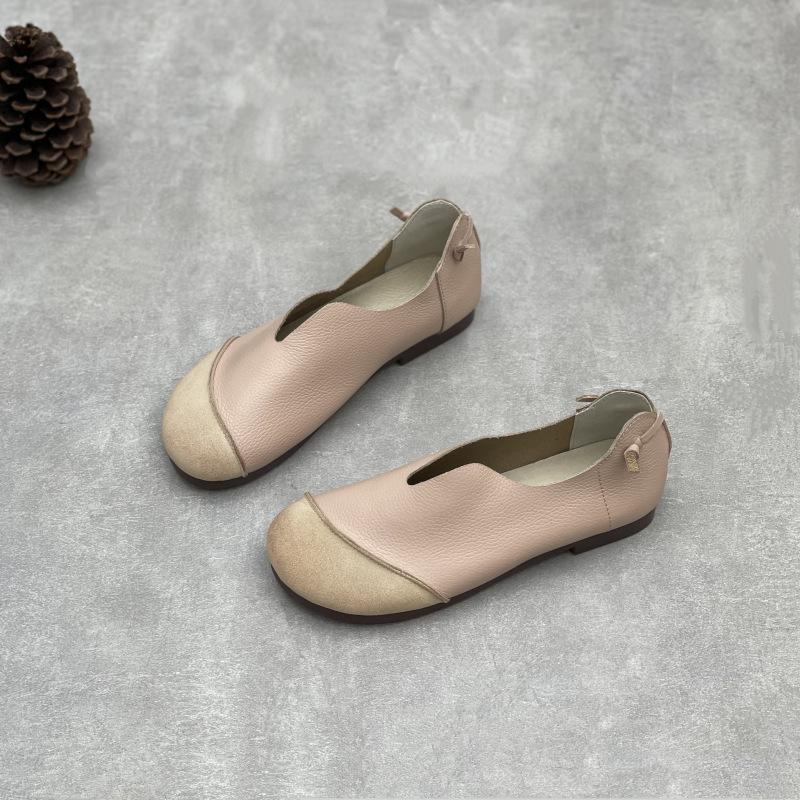 Johnature Retro Genuine Leather Women Soft Sole Flats Shoes Handmade Casual Shallow Round Toe Slip-on Loafers
