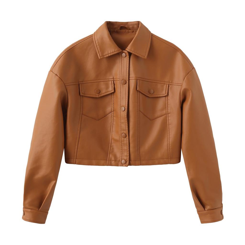 Women’s Jackets Faux Leather Long Sleeves Single Breasted Crop Top Punk Jacket Short Motorcycle Coat Fashion Out Wear