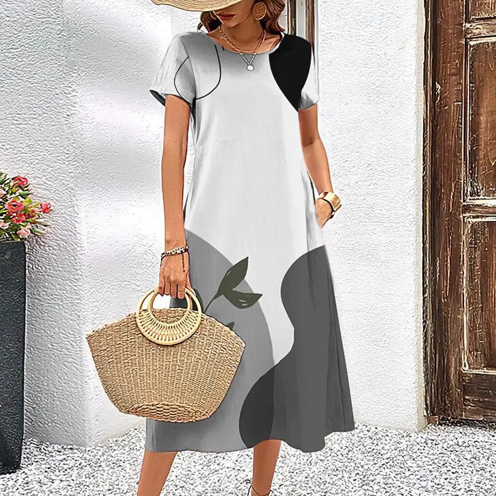 Элегантное женское платье летнее платье с короткими рукавами полосатая принтованная женская одежда свободная юбка А-силуэта повседневный круглый воротник пуловер