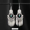 Retro Handmade Miao Silver Fringed Earrings Inlaid Turquoise Long Earrings Female Exotic Yunnan Dance Earrings