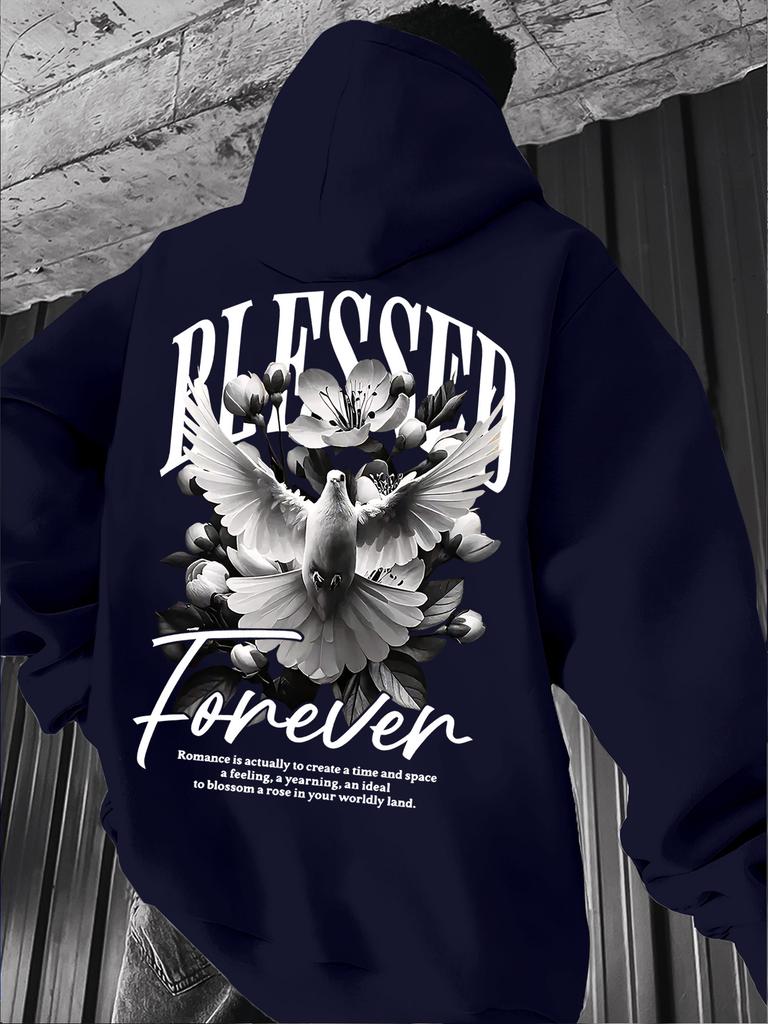 Men's Casual Loose Pigeon-print Fleece Thickened Hooded Sweatshirt for Autumn and Winter Wear