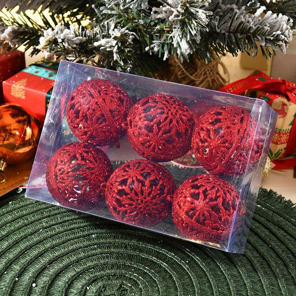 6Pcs 6CM Christmas Glitter Ornament Balls Red Gold Christmas Ball Pendants Hollow Out Decorative Christmas Tree Decoration