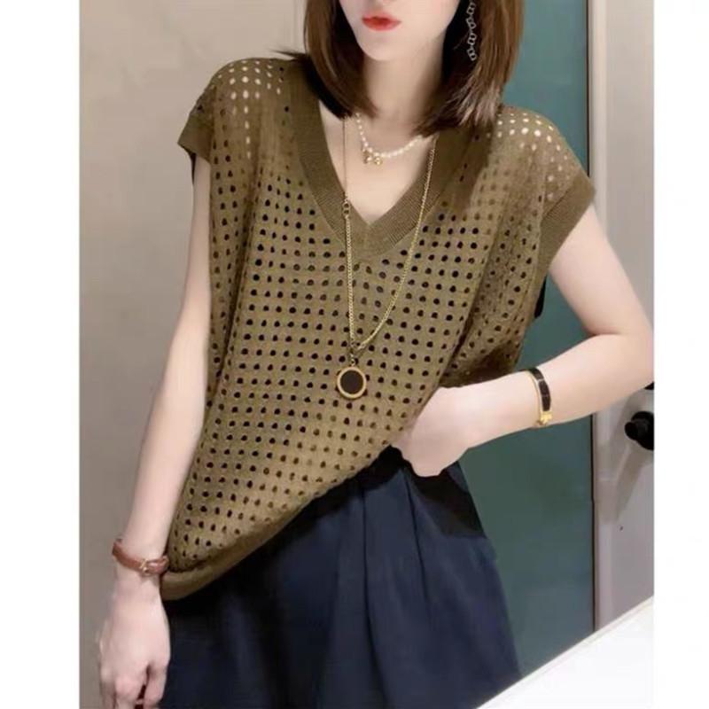 Ажурный жилет Трикотажная женская летняя новая модель с V-образным вырезом Sense Spice Girl Network Красный тонкий универсальный топ