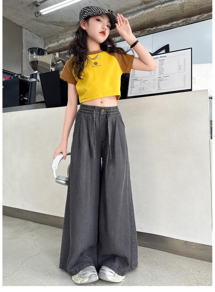 Girls' 2026 Summer Tencel Wide-Leg Drawstring Pants with Elastic Waist for Medium & Large Children