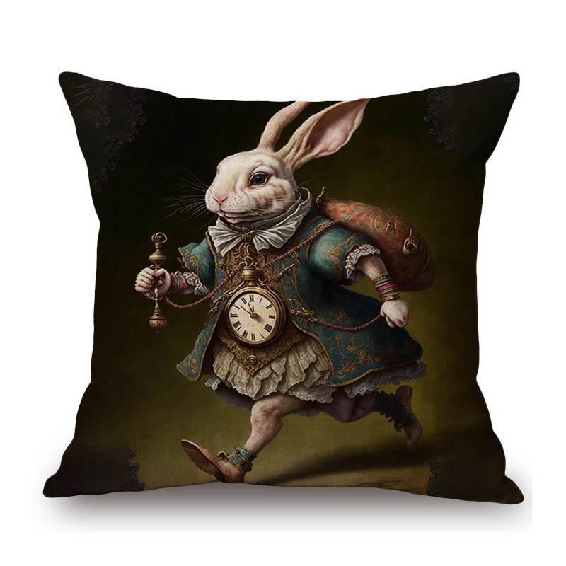 Alice Wonderland Rabbit Cat Lovely Cute Cartoon Character Home Decoration Sofa Throw Pillow Case Cotton Linen Car Cushion Cover