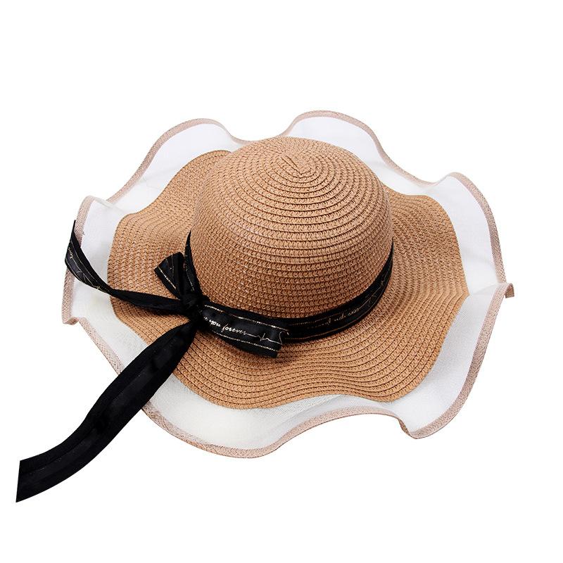 New Female Net Yarn Straw Hat Outdoor Hat Beach Hat Sun Straw Hat Wide Brim Floppy Hat