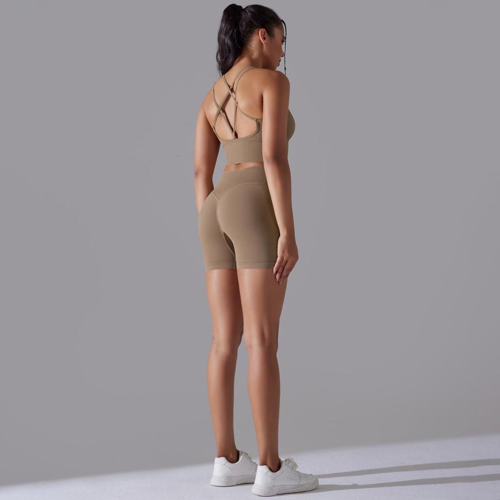 Бесшовный вязаный однотонный спортивный костюм с высокой эластичностью на спине для йоги и бега, комплект из двух предметов