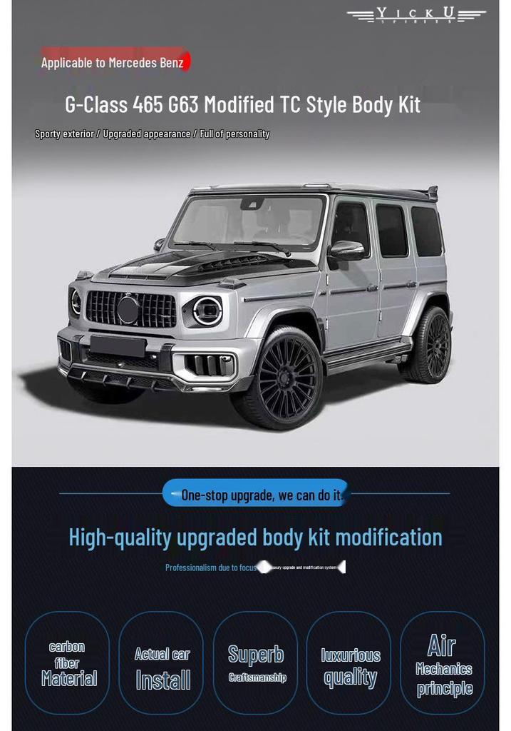 Совместимый карбоновый боди-кит для Mercedes G-Class 465: Передний сплиттер, Задний диффузор, Капот, Крыло, Заднее антикрыло, Крышевой фонарь.