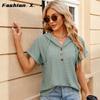 2024 весна и лето, новая однотонная свободная футболка с короткими рукавами и пуговицами, топ для женщин