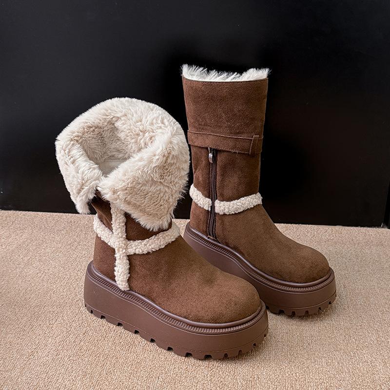 [Фанфна] Вельветовые утепленные с толстой подошвой женские сноубутсы средней высоты 2025 новые ретро модные универсальные сапоги средней высоты