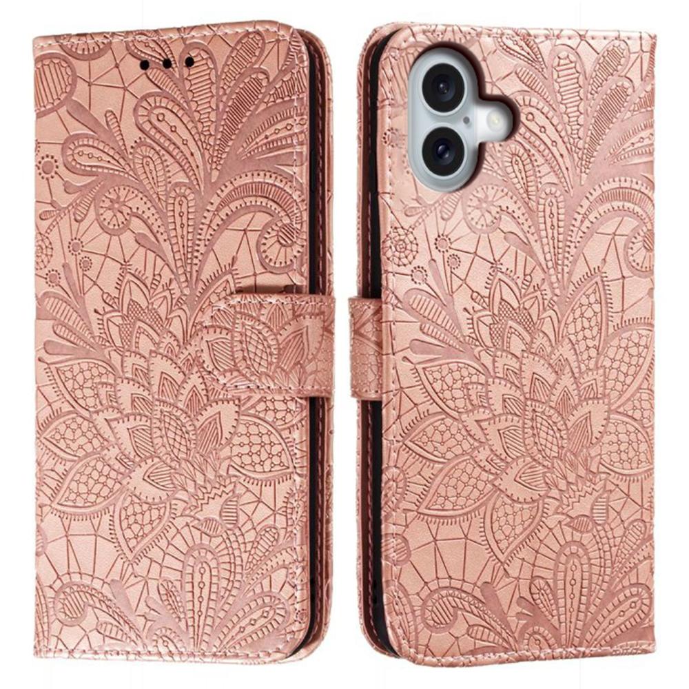 For iPhone 16 Case Lace Flowers PU Leather Flip Wallet Phone Cover - Grey