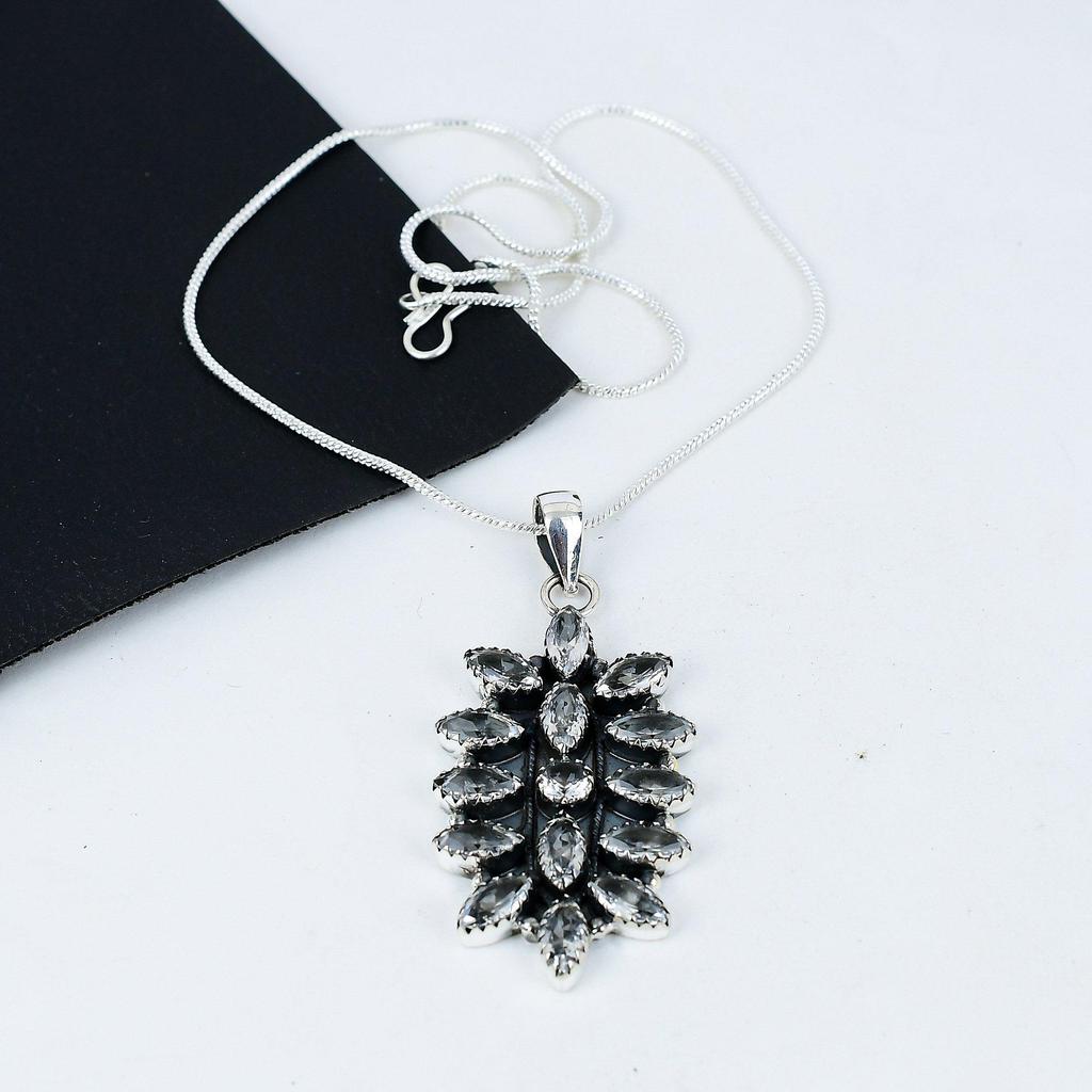White Topaz Gemstone Handmade 925 Sterling Silver Electroform Flower Necklace, White Topaz Silver For Wife Unisex Pendant Gift For Mom