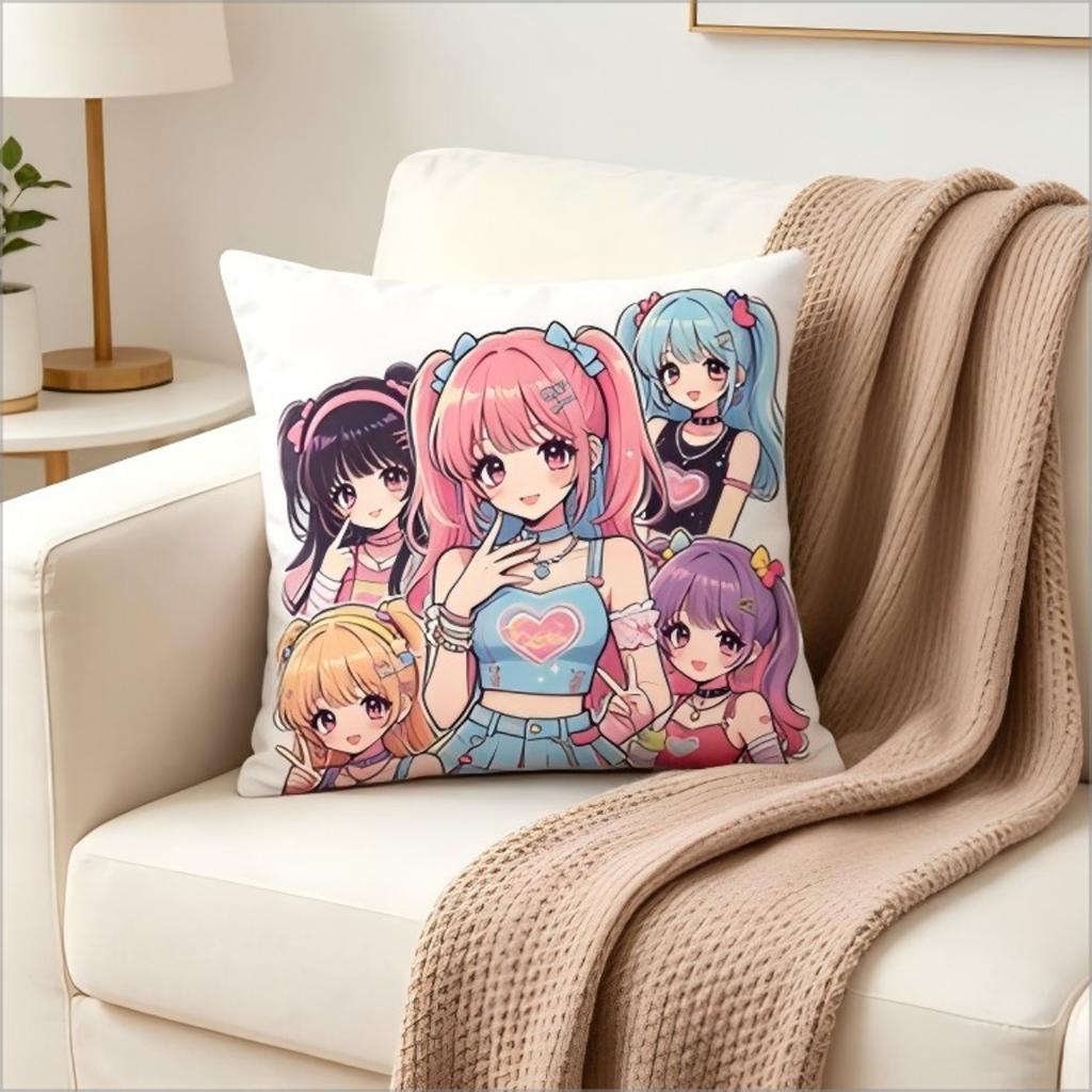 Cute Anime Girl Group Throw Pillow Cover Colorful Kpop Style Y2K Art Decorative Cushion Case For Living Room Sofa Home Decor