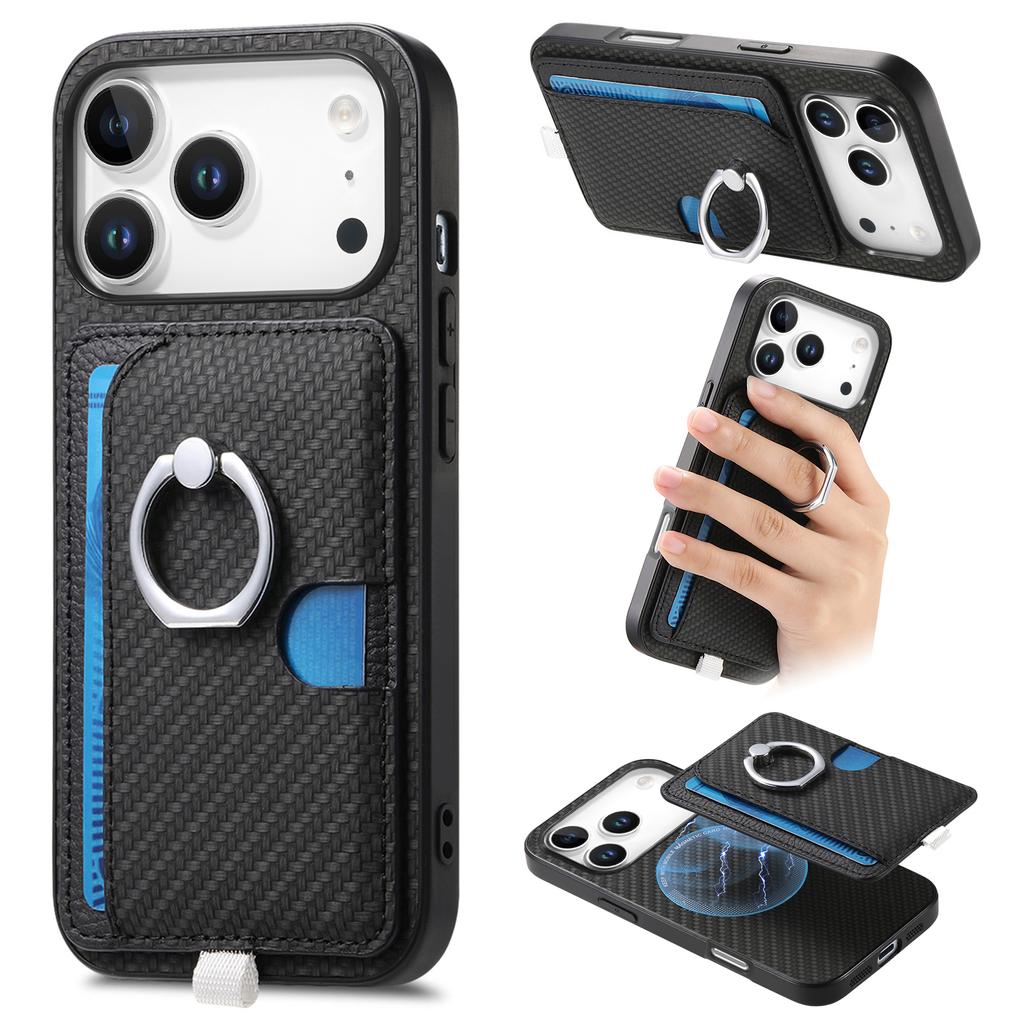 For iPhone 17 Pro Case Ring Kickstand Leather Back Cover with Magnetic Detachable Card Holder