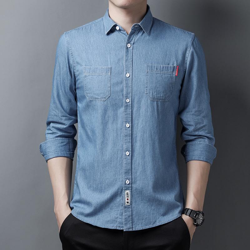 Fashionable Men's Denim Long-sleeved Shirts, Spring and Autumn Handsome Casual Iron-free Shirts, Coats, Work Jackets