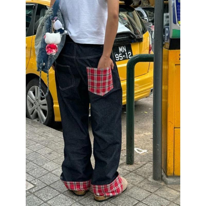 Американские ретро-плед пэчворк завернутые края женские джинсы High Street Harajuku свободные широкие прямые женские брюки