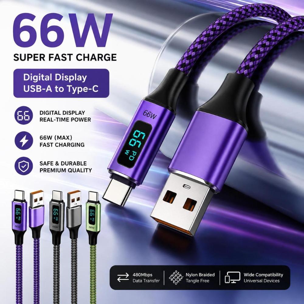 66W Digital Display Cord Nylon Braided Braided Charging Line USB-A to USB-C Cable Phone Charging