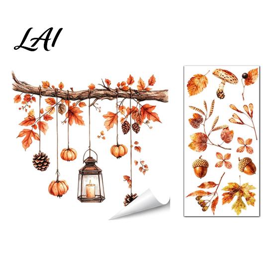 Autumn Pastoral Theme Window Art Static Sticker with Cute Animals & Maple Leaves Removable Harvest Durable Clings for Store Fronts Festival