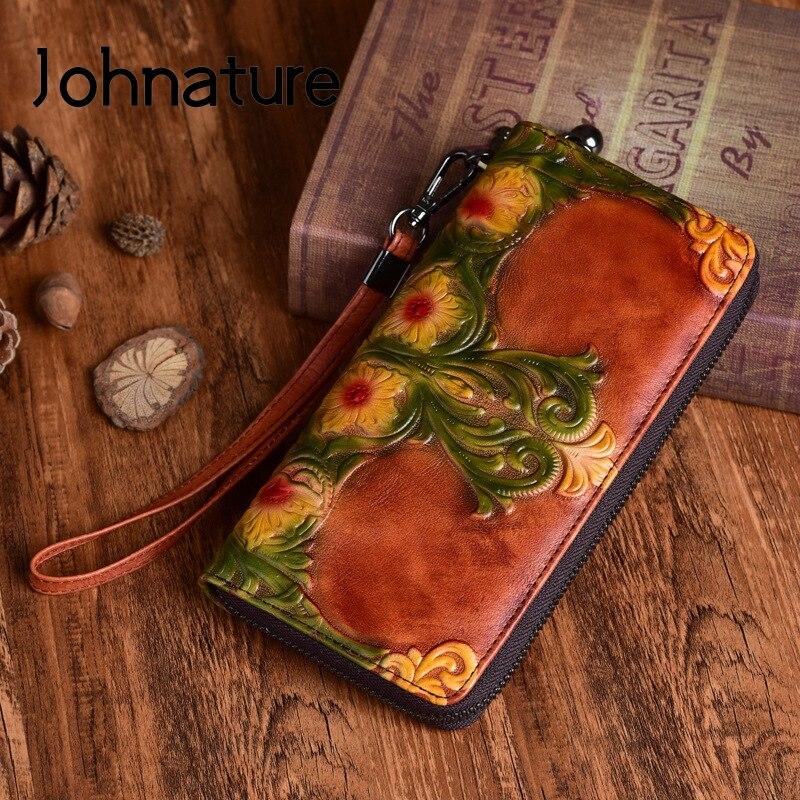 Johnature First Layer Cow Leather Luxury Women Hand Wallet Retro Embossed Large Clutch Wallets Card Holder Phone Purse