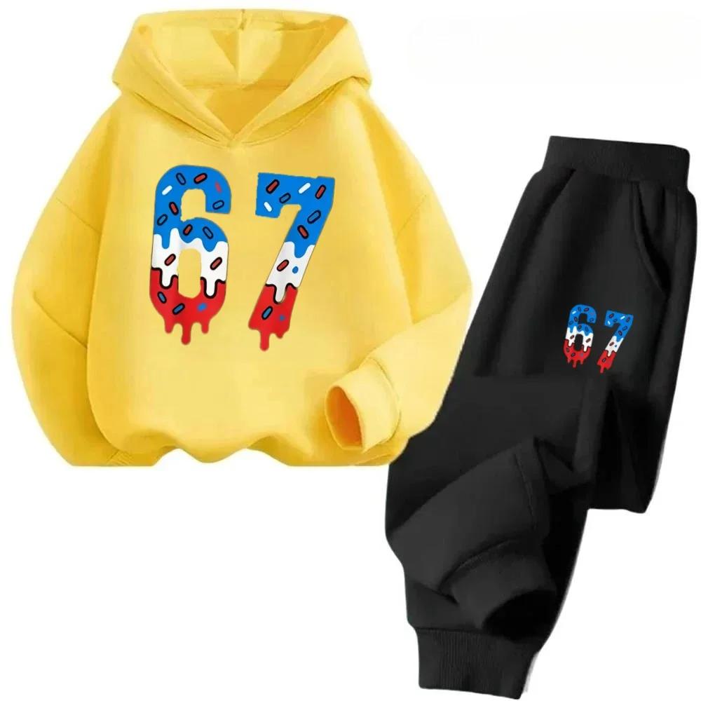 67 Chic Children's Hoodies Set 3-12Y Korean Streetwear Block Tracksuit Fashion Comfortable Kids Sweatshirt 2 Pcs Sets Pant Suit