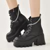 Fashion Punk Metal Chain Chunky Ankle Boots Women Thick Heeled Platform Motorcycle Botas Mujer Black PU Leather Side Zipper Gothic Shoes