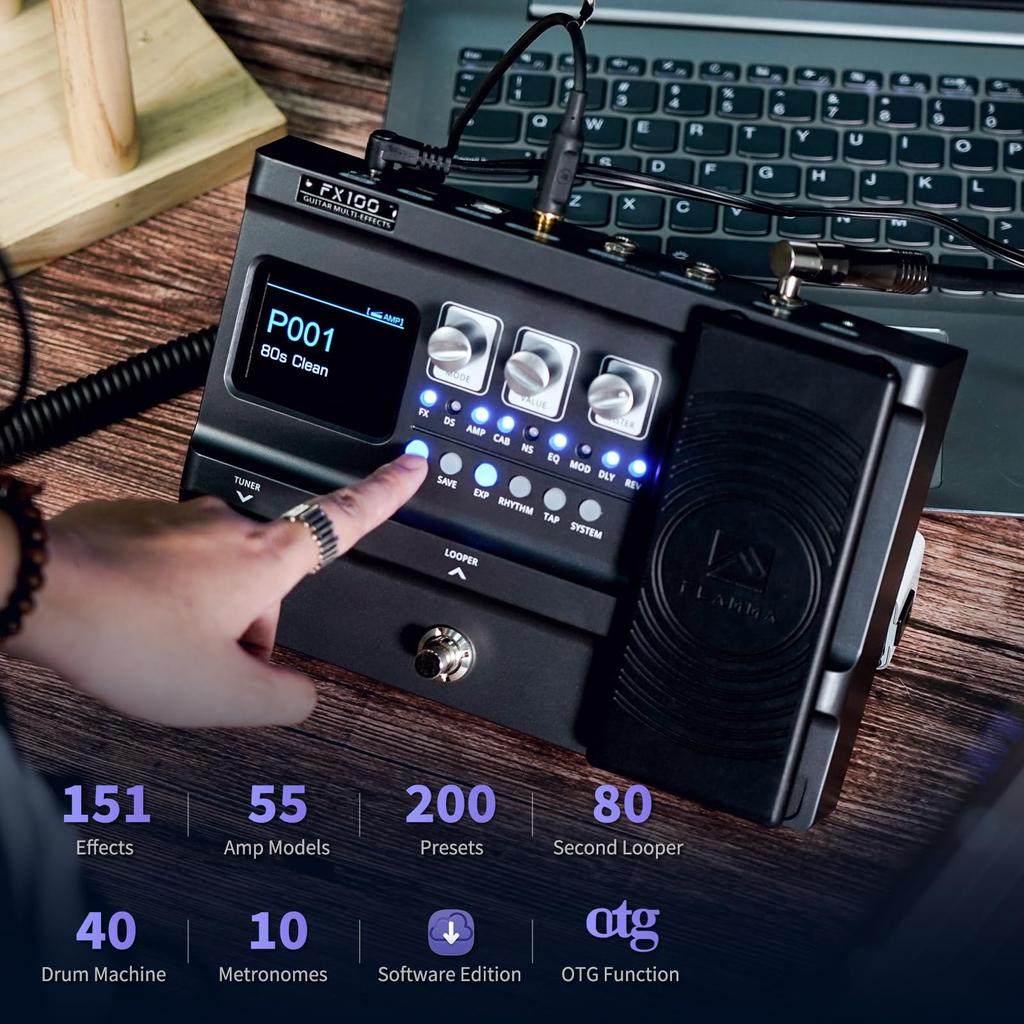 FLAMMA FX100 Guitar Pedal with 151 200 55 Amp 40 Drum and 10 Dark Gray Multi-Effects Effects, 80-Second Looper, Presets, Models, Machines, Metronomes,