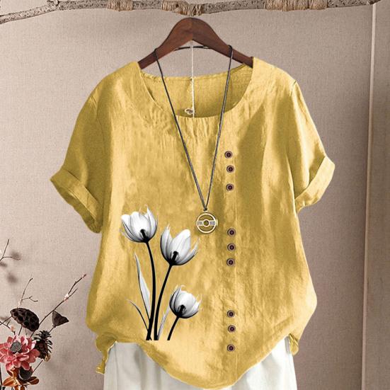 Женская летняя футболка с короткими рукавами и круглым вырезом, пуловер с пуговицами, декор с цветочным принтом, винтажный стиль, женский топ