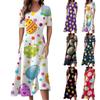 Ladies Casual Fashion Easter Print V-Neck Short Sleeve Waist Long Swing Dress