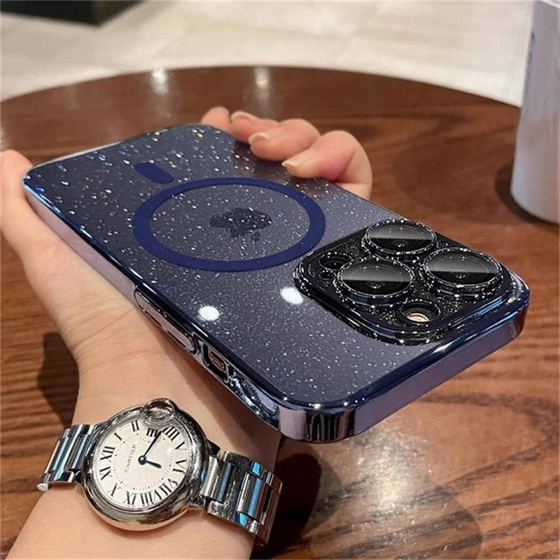Роскошное покрытие для Magsafe, магнитный чехол с беспроводной зарядкой для iPhone 15 14 Plus 13 12 Pro Max 11, прозрачный блестящий жесткий тонкий чехол из ПК