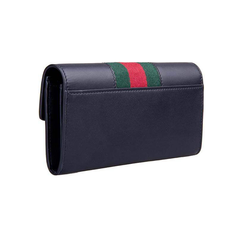 Gucci Gold buckle striped webbing long flap leather wallet women's black