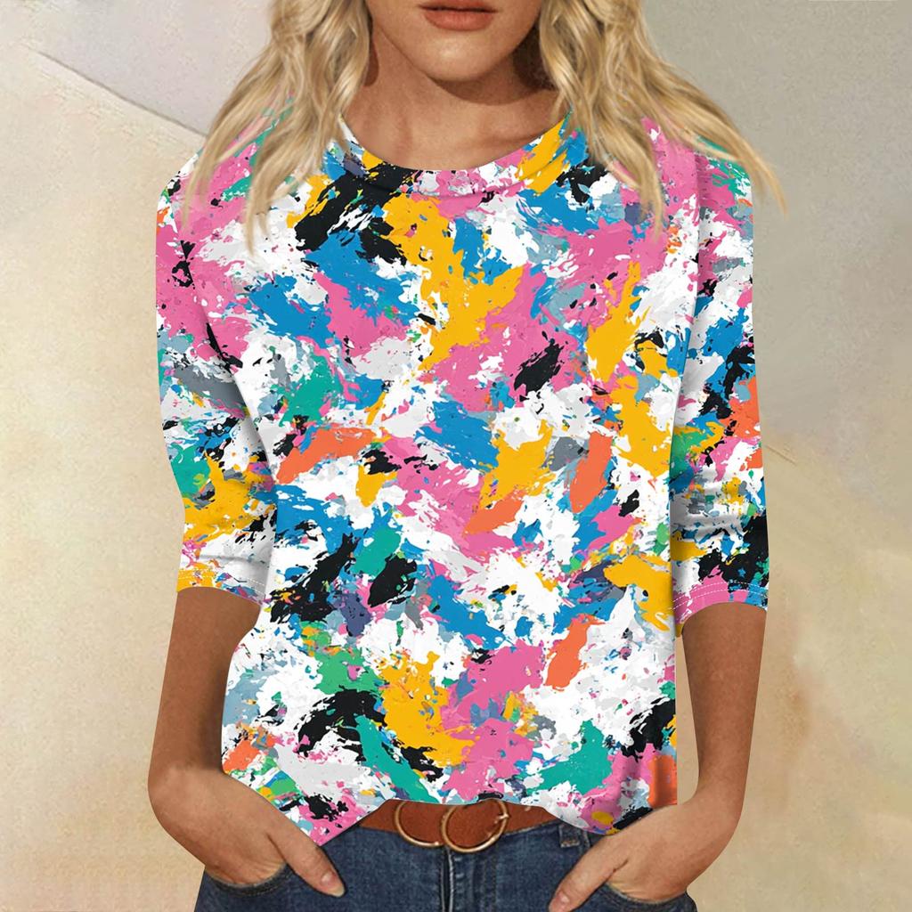 Женская модная повседневная футболка с рукавом семь восьмых, принтом и круглым вырезом