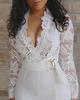 New European & American Sexy Deep V Neck White Lace Jumpsuit with Belt