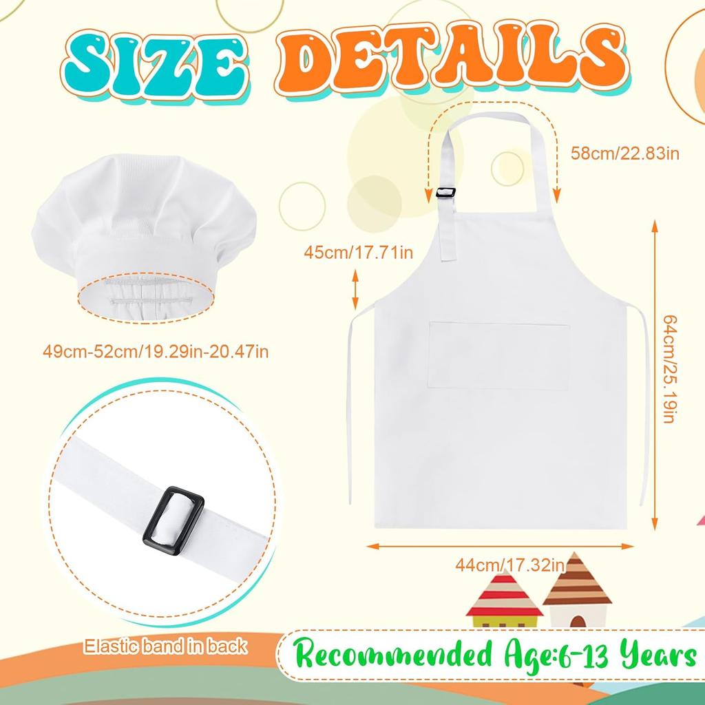2 Pack Kids Chef Apron and Hat, Adjustable Kitchen Cooking Apron with Two Pockets for Girls Boys