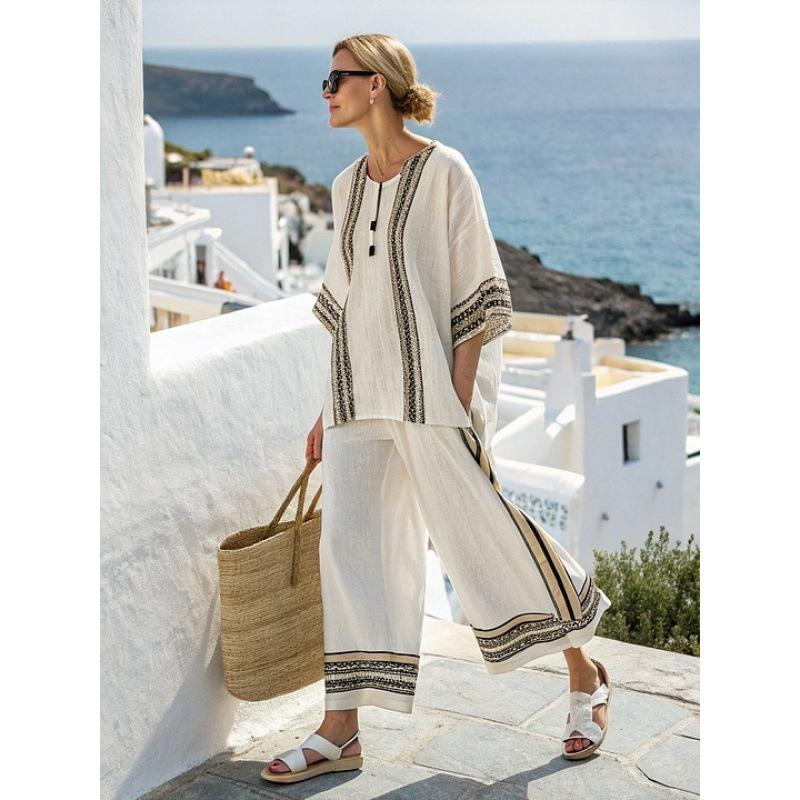 Printed short-sleeved shirt trousers set Comfortable casual loose round neck top High waist trousers two-piece set