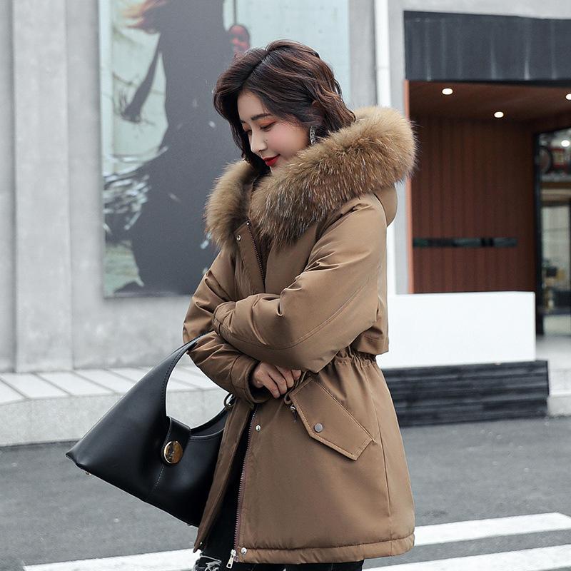 Корейская версия женской зимней куртки средней длины из хлопка с капюшоном и коротким пальто с бархатной талией