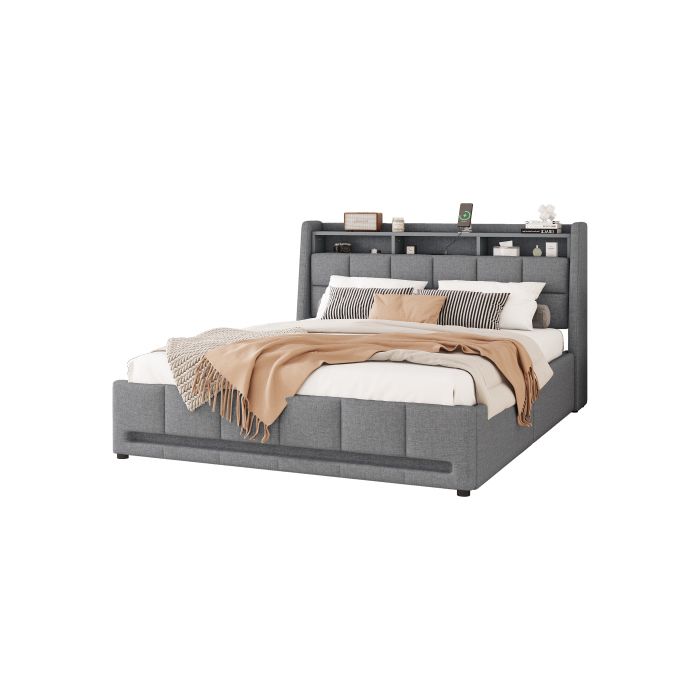 Lit - MUVOE - 140 x 200 cm - Rangement intégré - Éclairage LED - Prise USB